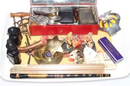 Tray lot with collectables including corkscrews, Clarke whistle, AA badge, old locks,