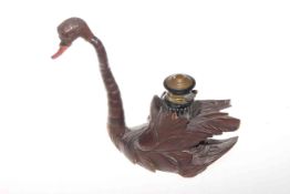 Unusual Black Forest inkwell, carved as a swan with articulated neck, circa 1900, 18.