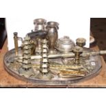 Brass blow lamp and syringe, EP tray, vases and box, other brassware,