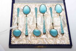 Cased set of six Danish Sterling silver and blue enamel coffee spoons