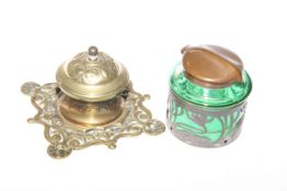 Art Nouveau green glass and metal mounted inkwell and Victorian cast brass inkwell (2)