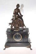 Victorian slate mantel clock mounted with spelter lady holding a nest of chicks