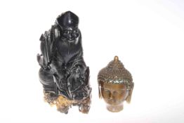 Chinese soapstone and black hardstone figure of bearded man and antelope and small bronze buddha