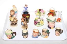 Five Royal Doulton small character jugs, Moorcroft vase, Hummel and Royal Doulton figures, posies,