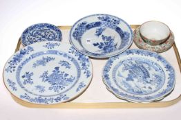 Collection of five Antique Chinese blue and white plates and polychrome tea bowl and saucer