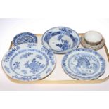 Collection of five Antique Chinese blue and white plates and polychrome tea bowl and saucer