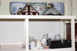 Three large pottery fishbowls, two Tiffany style shades, deed box,