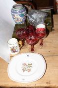 Poole vase, ruby wine glasses, coins,