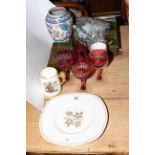 Poole vase, ruby wine glasses, coins,