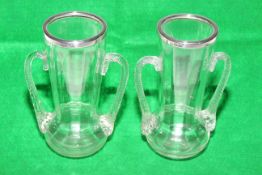 Pair silver mounted glass two handle vases,