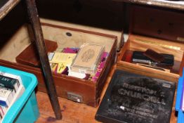 Davidoff humidor, Churchill Speeches LP's, vintage Relevation expanding suitcase, records,