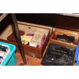 Davidoff humidor, Churchill Speeches LP's, vintage Relevation expanding suitcase, records,