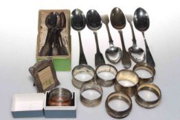 Six antique silver dessert spoons, eleven Victorian silver teaspoons, tiny photograph frame,