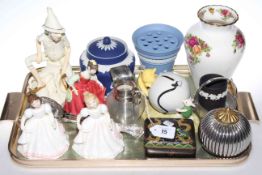 Three Royal Doulton figures, Jasperware vase, cloisonne box,