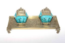 Chinoiserie brass inkstand with two turquoise glazed inkwells,