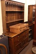 Oak dresser and rack and Edwardian mahogany china cabinet
