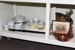 Noritake dinnerware and boxed coffee cans and saucers, copper coal scuttle, warming pan,