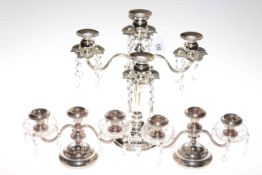 Silver plated five branch table candelabra with lustre drops and pair of small three branch