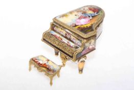 Ornate gilt metal and decorated panel of grand piano and stool musical ring box