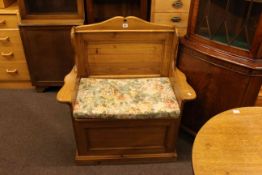 Waxed pine box hall bench and cushion,