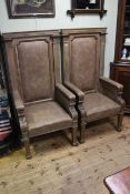 Pair Victorian limed oak and leather upholstered high back armchairs,