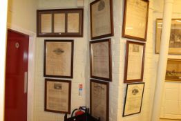 Collection of nine framed Insurance Certificates and Japanese two fold screen