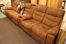 Pair of three seater and two seater reclining settees in brown fabric