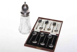 Silver topped crystal caster and two sets of silver coffee spoons