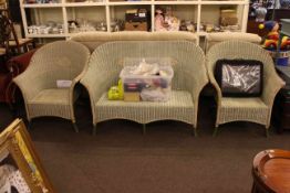 Three piece wicker conservatory suite and painted single drawer side table (4)