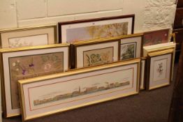 Collection of fifteen furnishing prints, framed needleworks,