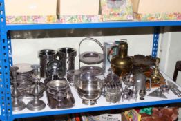 Collection of silver plated wares, metalwares, wood tray,