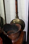 Copper swing handle coal scuttle and brass and copper warming pan