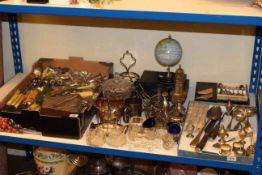Collection of silver plated ware, cutlery, glassware, small desk, globe,