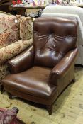 Pair Gibson brown leather button backed armchairs