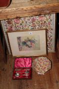 Pair of floral woolwork pictures, print,