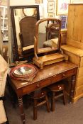 Victorian mahogany two drawer side table, pair stools, oak framed cheval mirror,