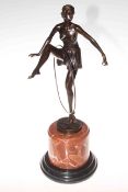 Modern bronze of dancing lady with hoop on marble base,