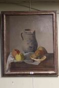 Signature indistinct, Still Life Fruit and Jug, oil on canvas, signed and dated 1941 lower right,