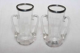 Pair small silver mounted two handle vases