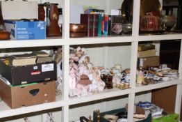 Various books, collection of dolls, teapots, spoon stands, assorted china, small case,