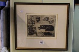 Framed etching of animals,