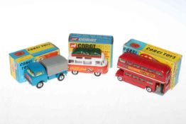 Three Corgi models, Holiday Camp Special 508, Route Master Bus 468 and Jeep FC-150,