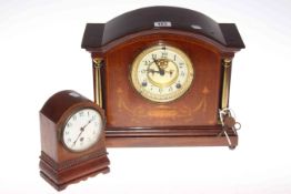Edwardian mahogany mantel clock with enamel dial and small oak cased clock