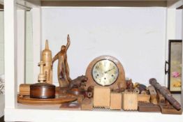 Oak mantel clock, knitting sheaths, vintage wooden cotton bobbins and meat mallets,