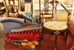 Edwardian mahogany occasional armchair and two cased violins (3)