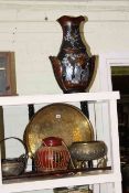 Papier Mache and mother of pearl vase, Eastern brass folding table, two brass planters and jam pan,