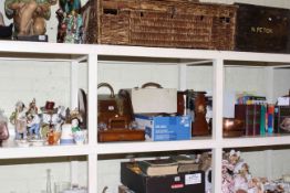 Coal scuttle, wood desk stand, Leitz projector, various books, figures,