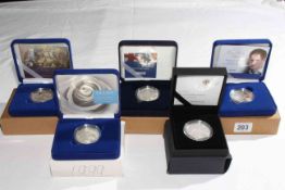 Five Royal Mint £5 silver proof coins