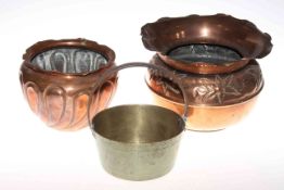 Two copper planters and small brass jam pan