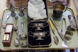 Pair of cased boat shaped silver salts and spoons, small silver tankard, pair of silver pepperettes,